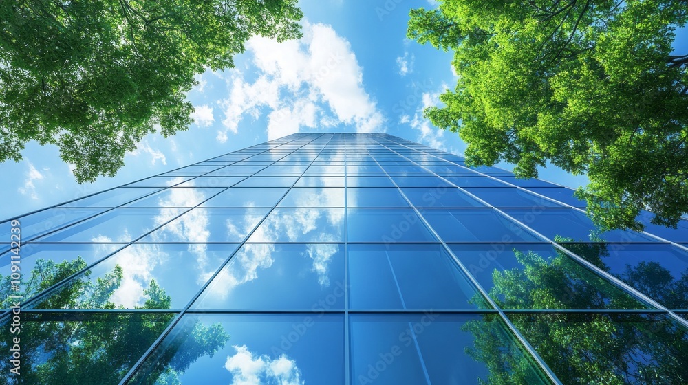 Aufkleber a tall building with a clear blue sky and trees in the background
