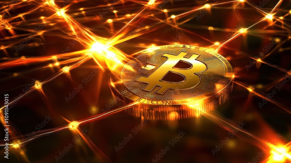 Poster a shining golden bitcoin symbol floating over a digital network of blockchain nodes, illustrating th