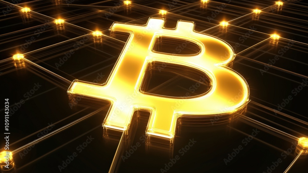 Poster a shining golden bitcoin symbol floating over a digital network of blockchain nodes, illustrating th