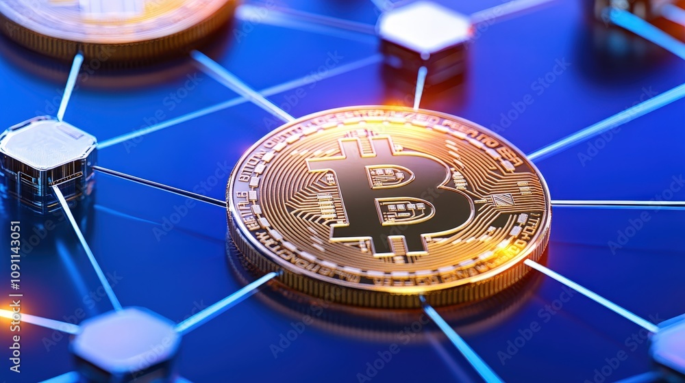 Poster a shining golden bitcoin symbol floating over a digital network of blockchain nodes, illustrating th