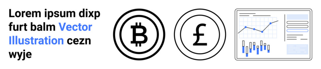 Obraz premium Bitcoin and Pound Sterling symbols, financial analytics dashboard with graphs and charts, example text. Ideal for cryptocurrency, finance, market analysis, economic trends, data visualization
