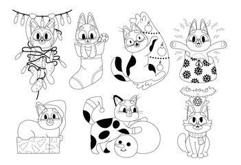 Cute new year cats Christmas cartoon characters holidays activity black-and-white isolated set