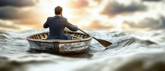 Man in a suit is rowing a small boat in rough waters. The man is focused on rowing and seems to be in a state of determination