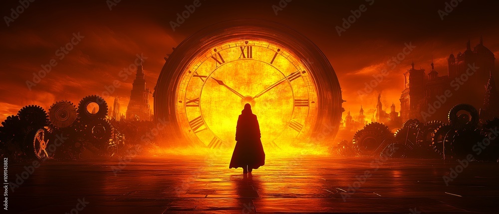 Poster man stands in front of a large clock that is set at 12:00. the clock is surrounded by a cityscape wi