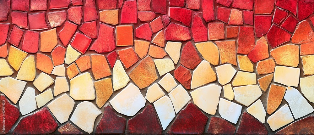 Poster mosaic of red and white tiles with a yellow border. the tiles are arranged in a way that creates a s