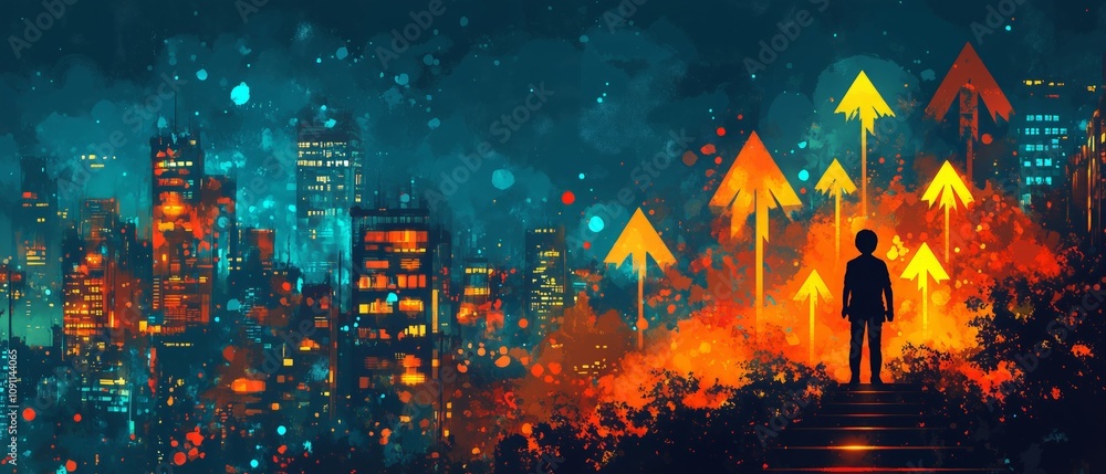 Poster man stands on a hill overlooking a city with a skyline in the background. the sky is filled with bri