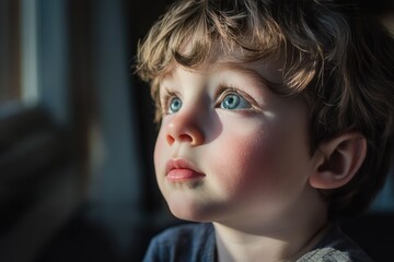 closeup of cute sad little boy with emotive blue eyes looking up into camera