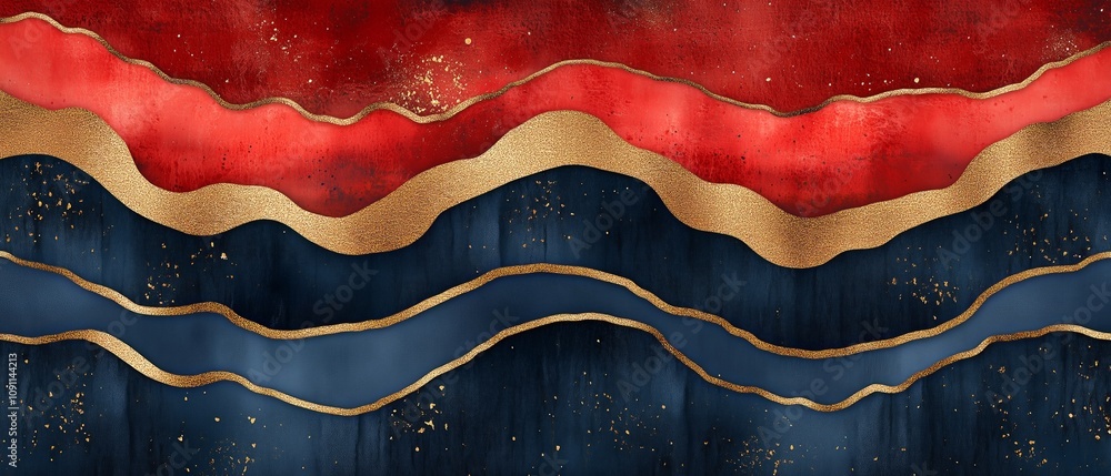 Poster the painting depicts a rocky shoreline with a red and blue color scheme, featuring a gold and blue c