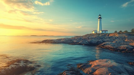 Fototapeta premium Breathtaking Lighthouse Landscape at Sunset with Calm Waters and Rocky Shoreline Illuminated by Golden Light in a Serene Coastal Scene
