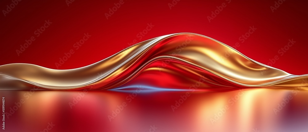 Poster gold and red wave is reflected in a red background. the wave is made of gold and red fabric, creatin