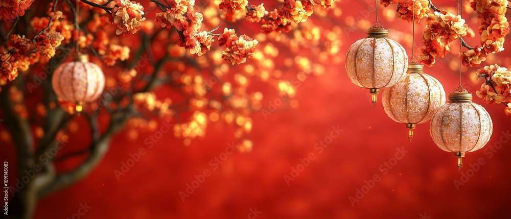 Poster red background with four white lanterns hanging from a tree. the lanterns are hanging from the branc