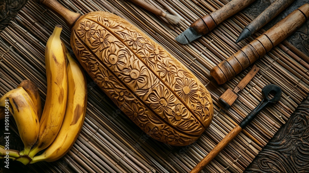 Poster Artful Carving of a Wooden Banana Shape with Intricate Floral Patterns Surrounded by Crafting Tools and Fresh Bananas on a Textured Surface