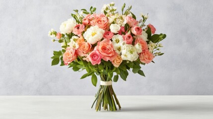 Fototapeta premium Beautiful bouquet of pink and white roses with greenery on a light background, perfect for weddings, events, and floral arrangements showcasing elegance and romance.