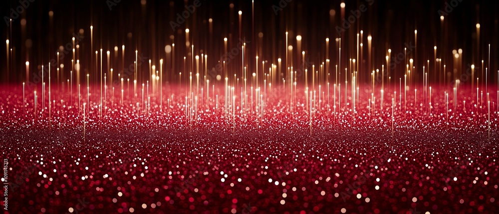 Poster red background with many gold sparkles. the sparkles are scattered all over the background, creating