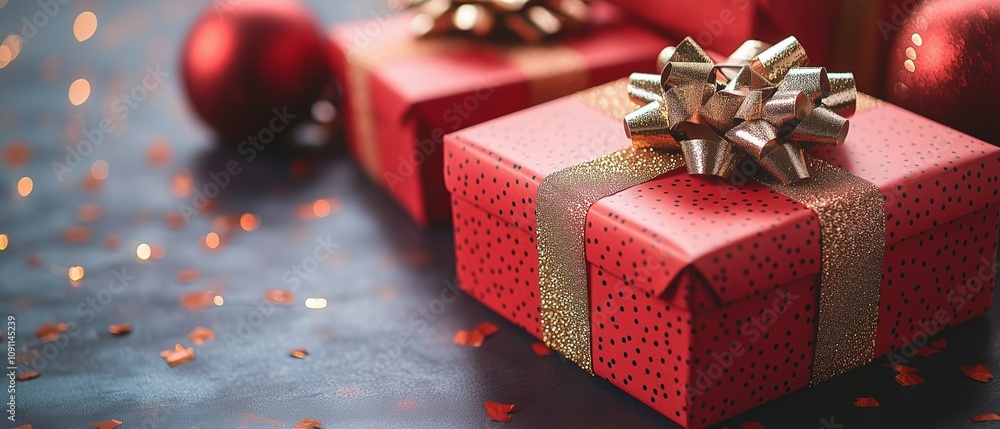 Poster red box with a gold bow on top of it. the box is decorated with gold and red and is placed on a blac