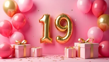 A pink and gold 19th birthday anniversary celebration with balloons and confetti