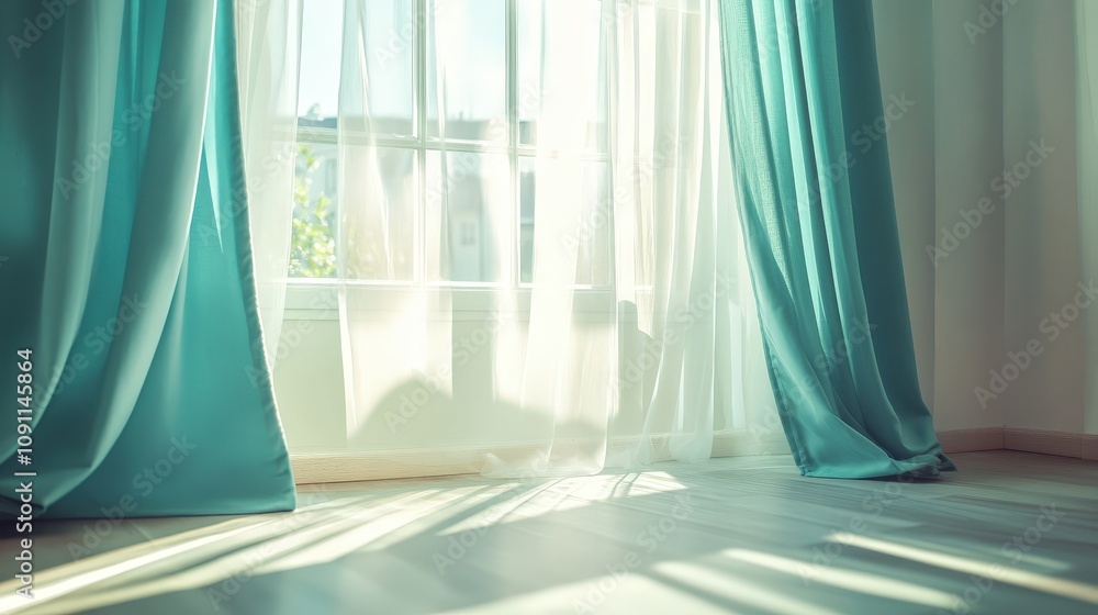 Poster a soft pair of teal curtains frames a sunlit window, the calm color adding a sense of serenity, with