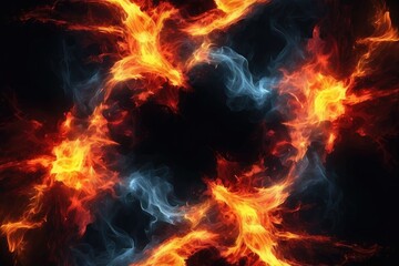 Fototapeta premium Dramatic fire and smoke effect glowing red and yellow colors exploding outwards with center space. Vivid and hot hell abstract or blazing fire background or wallpaper