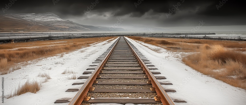 Poster train track is shown in the snow, with a dark sky in the background. concept of solitude and isolati