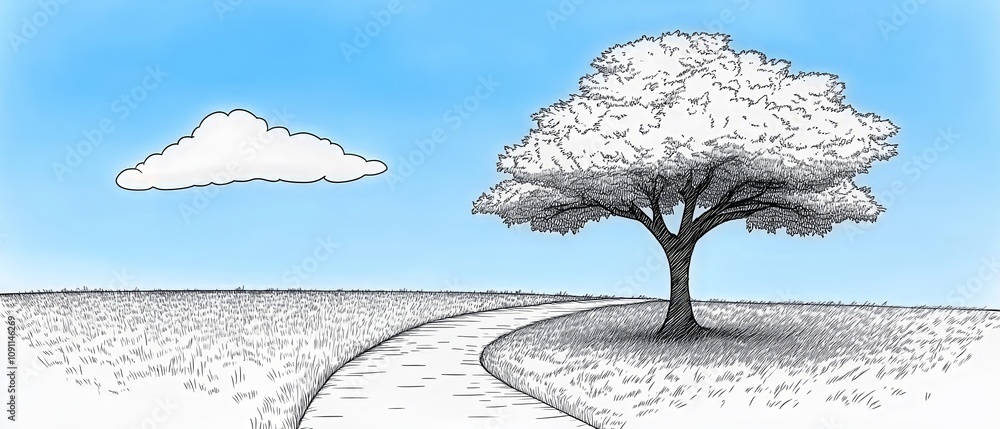 Poster tree is in the foreground of a field with a road in the background. the sky is blue and the tree is 