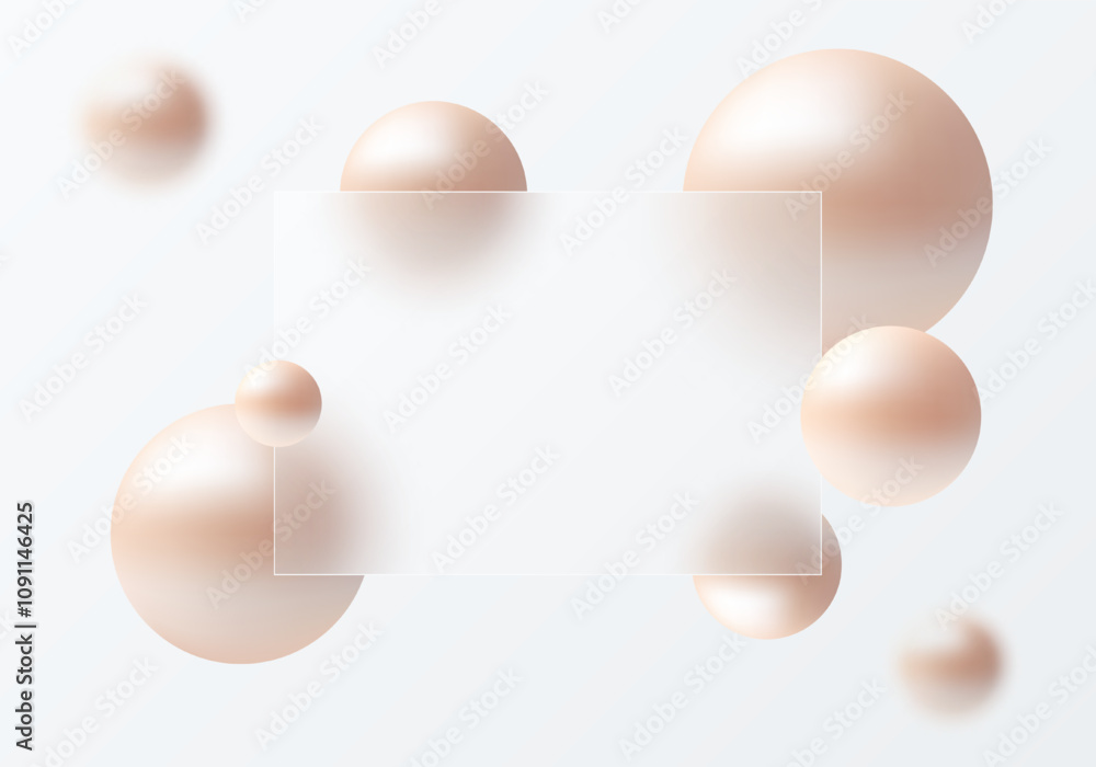 Wall mural glass morphism website landing page template. frosted glass partition with floating spheres.