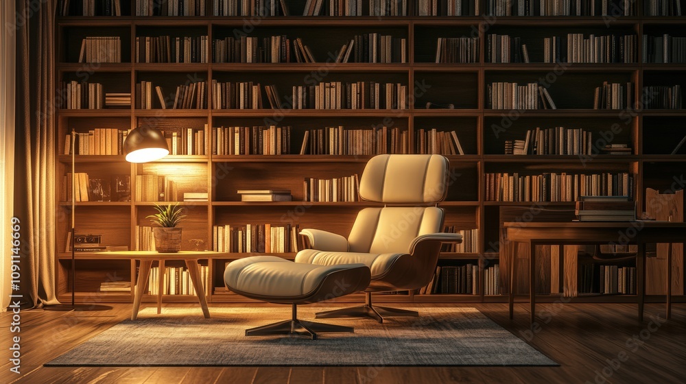 Poster a spacious reading table with a comfortable, modern chair, large bookshelves filled with books, and 