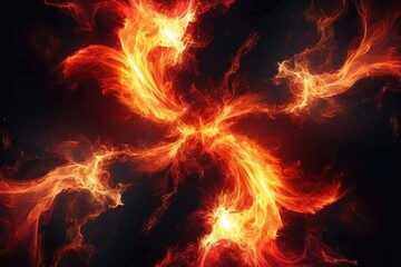 Fototapeta premium Dramatic fire and smoke effect glowing red and yellow colors exploding outwards with center space. Vivid and hot hell abstract or blazing fire background or wallpaper
