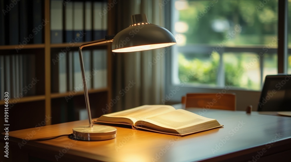Poster a spacious reading table with a minimalist design, a modern desk lamp, and an open novel, creating a