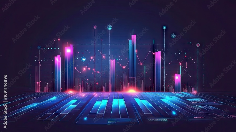 Poster glowing 3d graph with ascending lines and vibrant colors