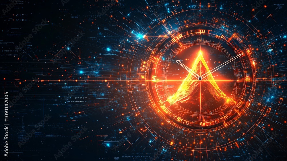 Poster abstract illustration of a futuristic clock with digital elements and vivid colors, showcasing artis