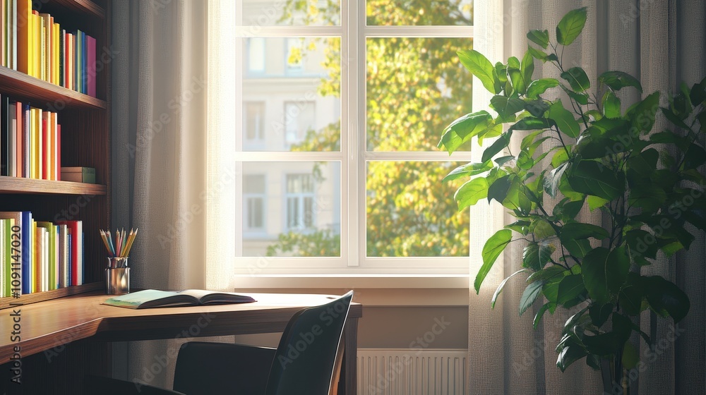 Poster a spacious reading table with an ergonomic chair, a plant by the window, and an array of colorful bo