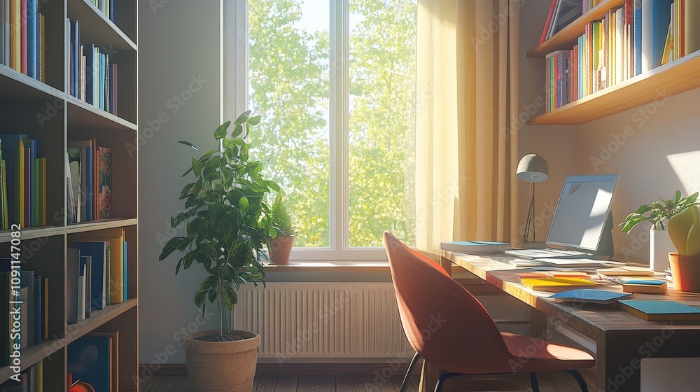 Poster a spacious reading table with an ergonomic chair, a plant by the window, and an array of colorful bo