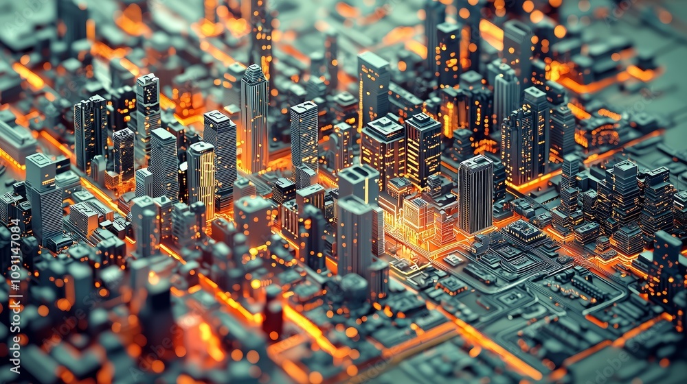 Poster futuristic isometric city map with expanding infrastructure and illuminated skyscrapers for urban pl