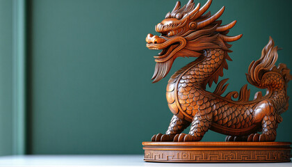Fototapeta premium An elegant wooden dragon figurine against a rich green wall, perfect for Chinese New Year decorations or creative design projects, evoking calmness and creativity.