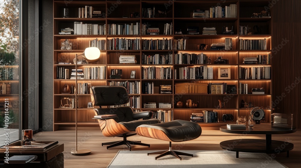 Poster a spacious reading table with a comfortable, modern chair, large bookshelves filled with books, and 