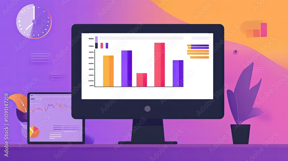 Poster colorful bar graph on desktop with charts and clock