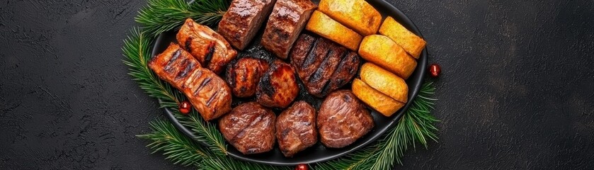 Obraz premium Kwanzaa African Cuisine Concept. A delicious assortment of grilled meats served on a platter, complemented by golden, crispy sides and a fresh green garnish