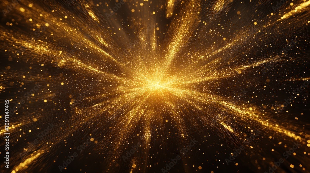 Poster a radiant explosion of golden particles creating a dynamic, energetic visual effect.