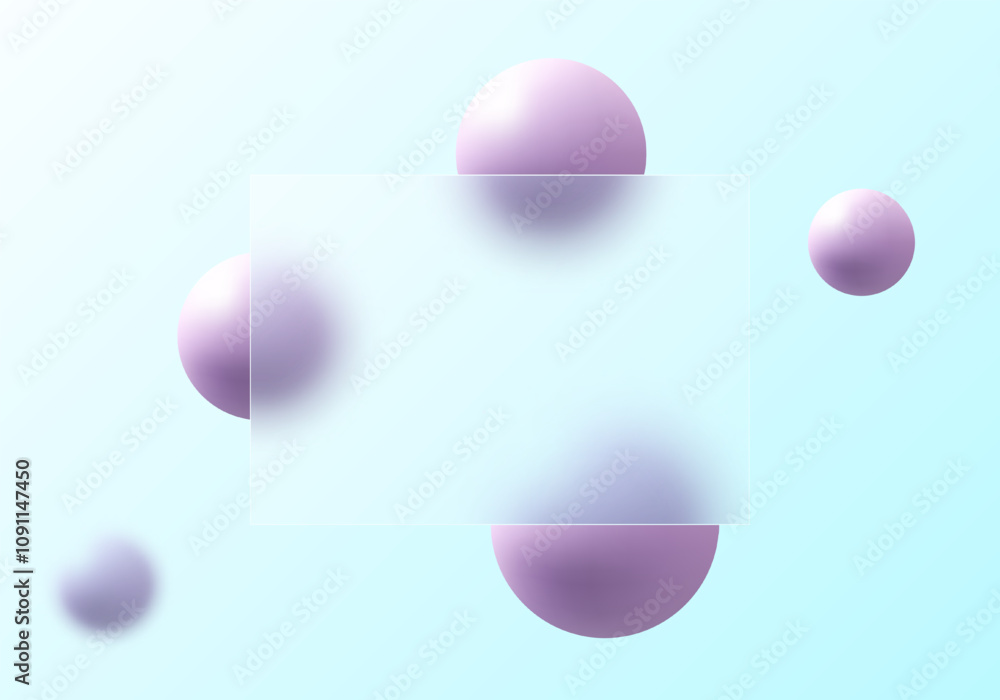 Aufkleber glass morphism website landing page template. frosted glass partition with floating spheres.