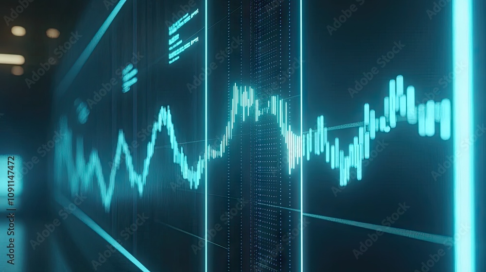 Poster digital chart on glowing screen with data visualization