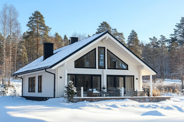 White Scandinavian House With Wooden Trim Surrounded by Winter Snow and Evergreen Trees