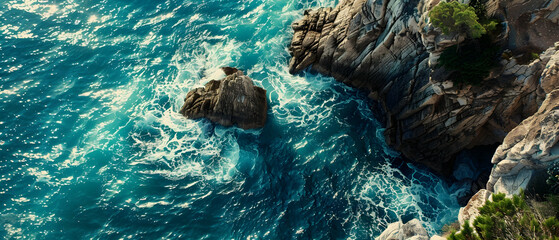 Top view of a rocky cliff overlooking the sea, captured by a drone. The image showcases the turquoise water, rugged rocks, and crashing waves