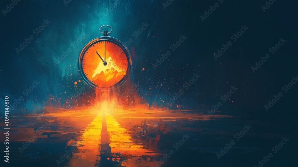 Poster abstract illustration of a clock surrounded by fiery colors, symbolizing time and change in a dreaml