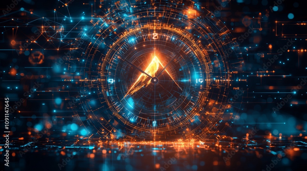 Poster abstract digital rendering of a clock face with hands featuring blue and orange light effects in a h