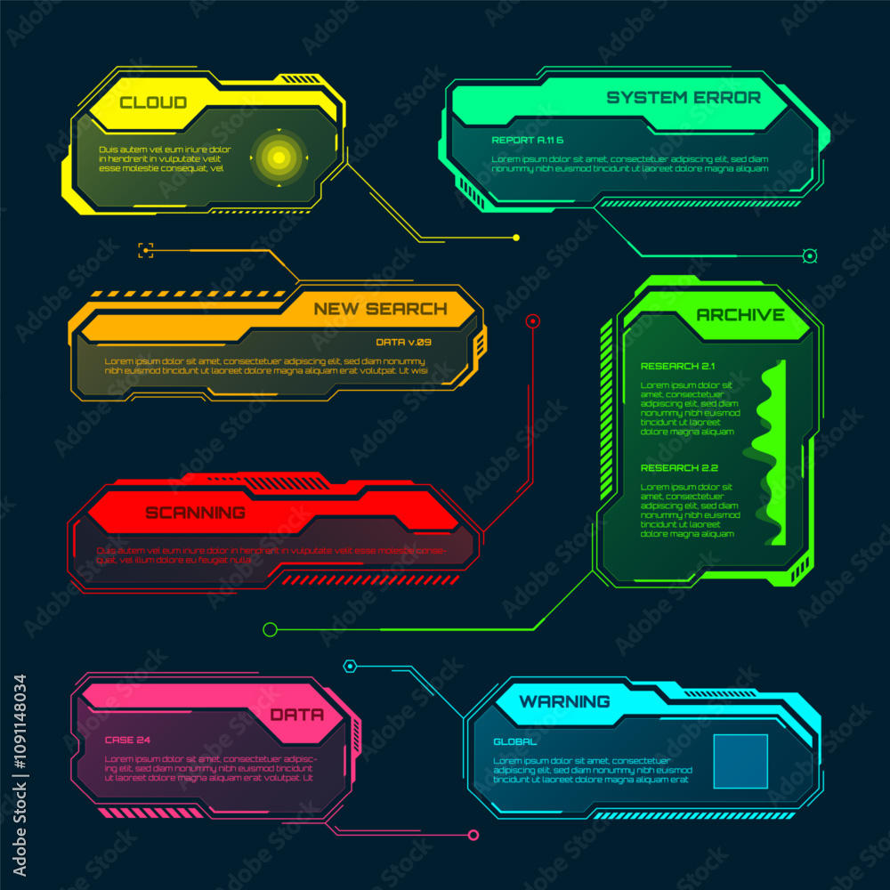Poster Futuristic HUD or UI elements. Sci-fi user interface text boxes, callouts. Colorful warning message frame, information boxes template. Modern game interface layout, digital style. Vector illustration