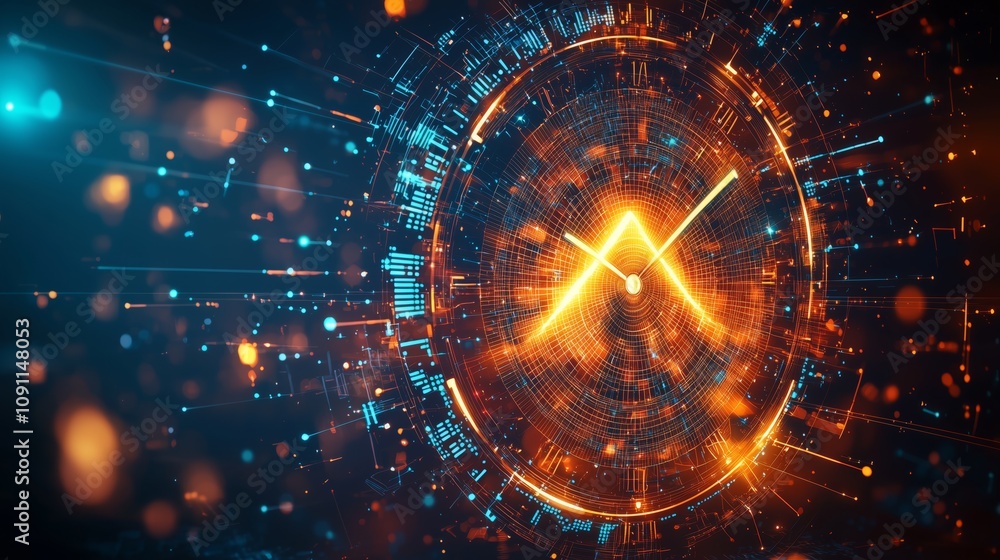 Poster abstract digital art of a clock face with hands in bright orange and blue colors featuring a futuris