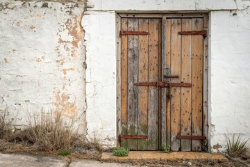Weathered wooden door with rusty hinges and a hint of grime, urban decay, vintage vibe, worn door, scratched wood