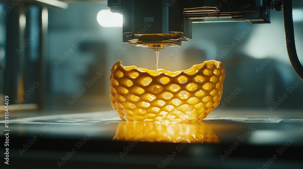 Poster 3d printer creating intricate yellow design