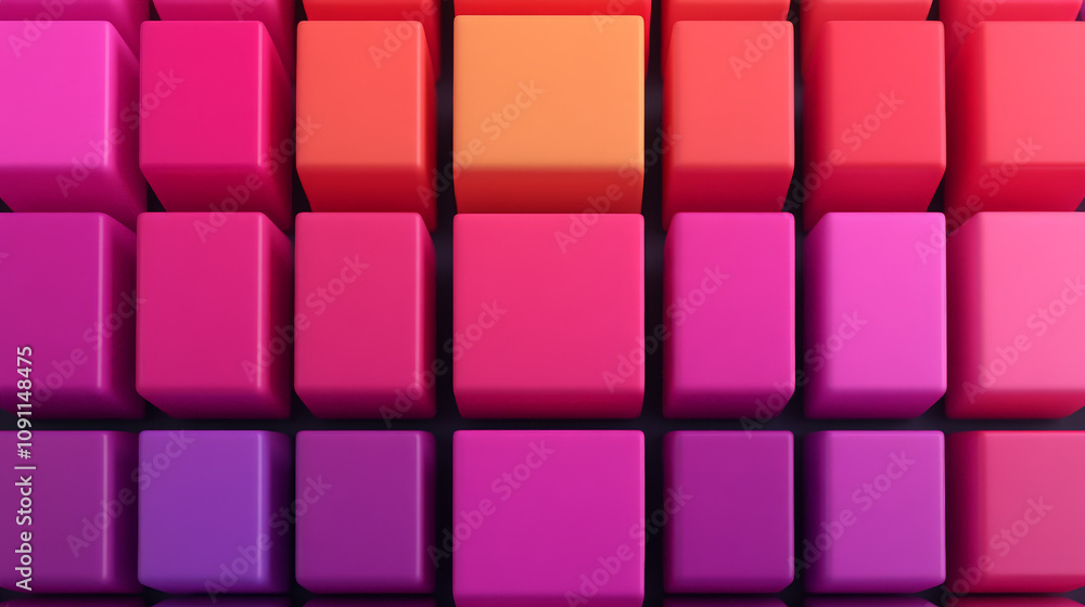 Poster Gradient of Color: A vibrant abstract design with a gradient of red, orange, and purple cubes. The cubes create a sense of depth and texture, making it a perfect visual for a wide range of projects.