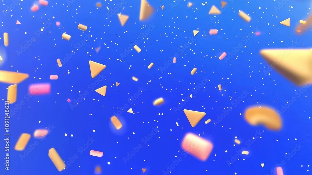 Poster this background is purple with numerous 3d objects scattered throughout. the objects vary in size an